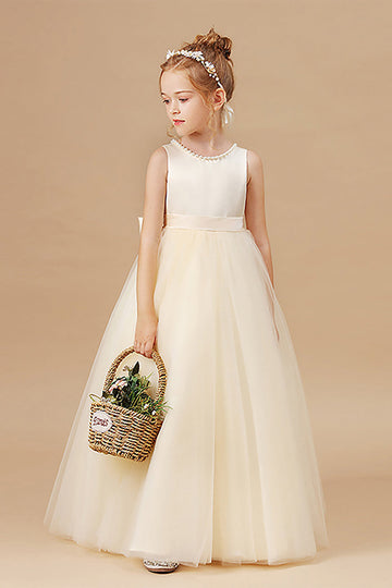 Branco A Line Sleeveless Bowknot Flor Menina Vestido Com Pérolas